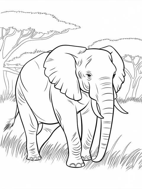 Majestic elephant walking through the safari, a coloring page illustration