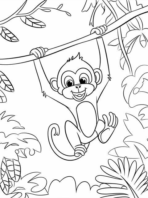 Safari coloring page: playful monkey swinging from a branch, smiling happily