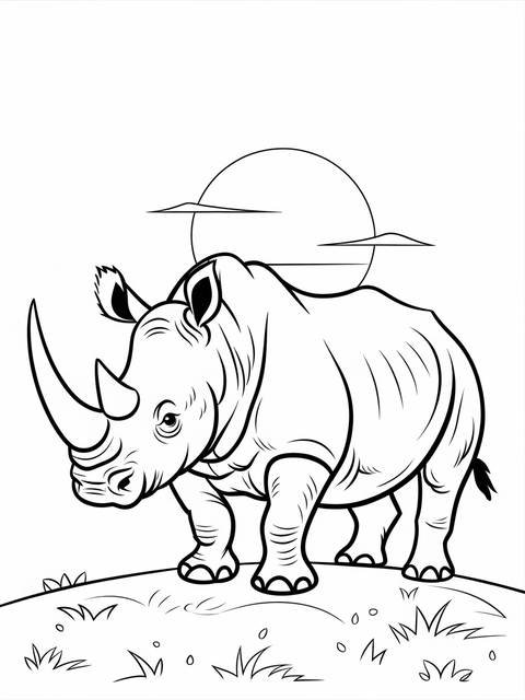 Safari coloring page of a powerful rhinoceros standing on grassy terrain