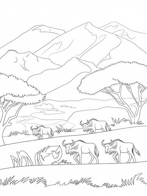 Safari landscape coloring page featuring wildebeest and mountains, a scene for coloring