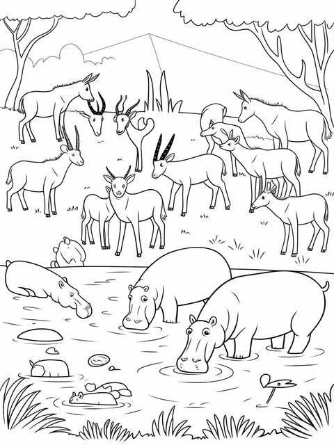 Safari scene coloring page featuring various animals at a watering hole
