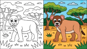 Safari coloring page: a lion cub in a savanna setting, two-panel image