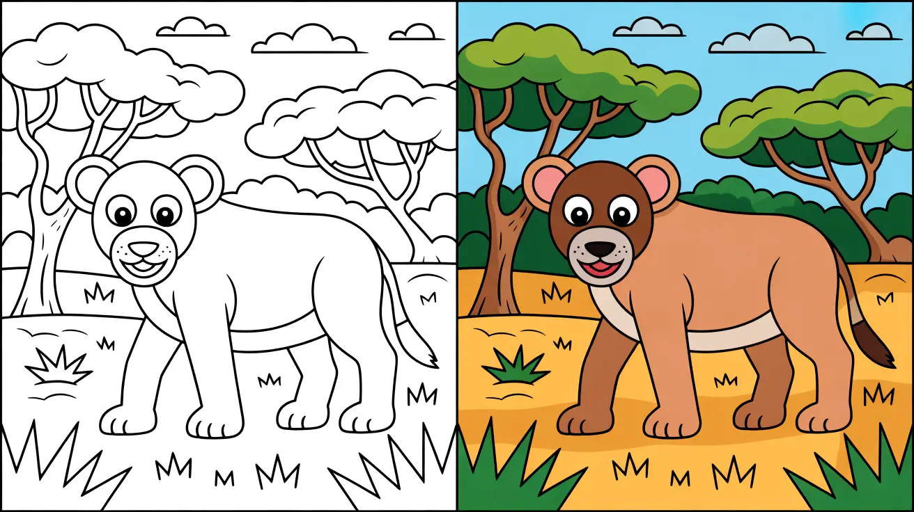 Safari coloring page: a lion cub in a savanna setting, two-panel image