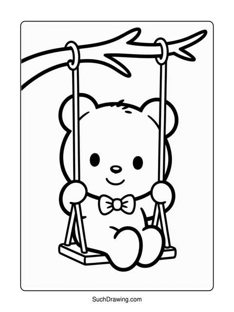A cute teddy bear swinging on a swing attached to a tree branch