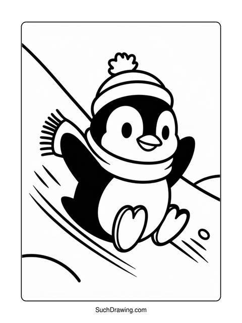 Black and white coloring page of a happy penguin sliding downhill on snow