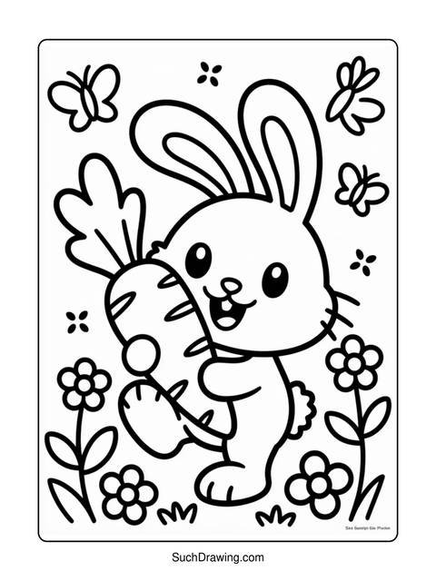 Black and white coloring page of a bunny holding a carrot