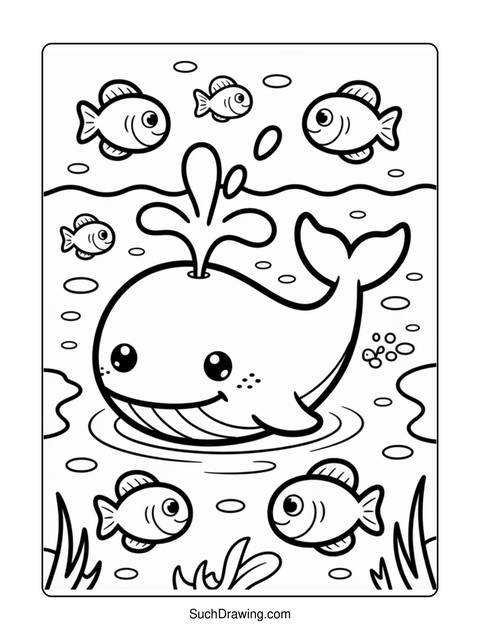 A coloring page featuring a whale spouting water, surrounded by fish