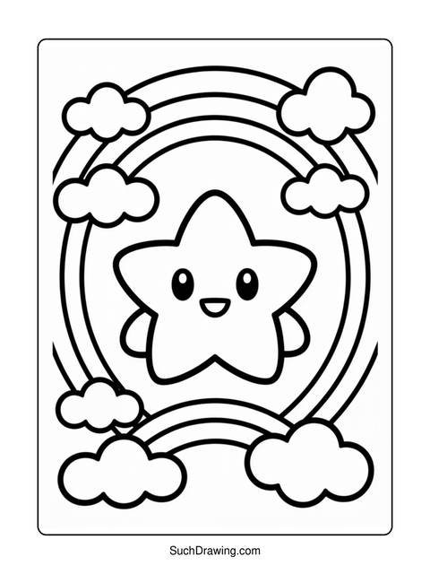 A coloring page featuring a smiling star, clouds, and a rainbow
