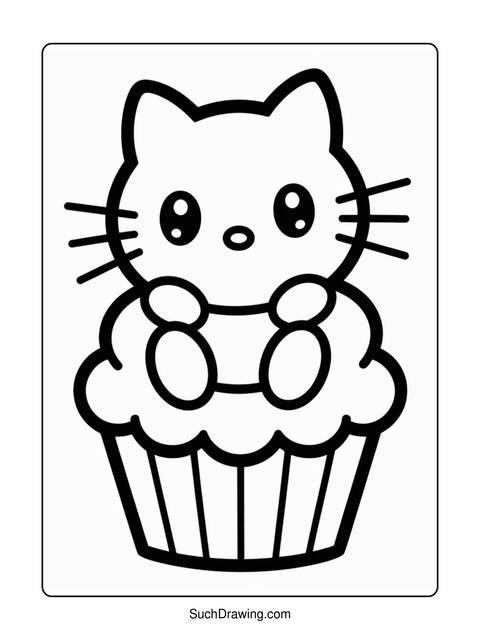 A black and white coloring page of a cat on top of a cupcake