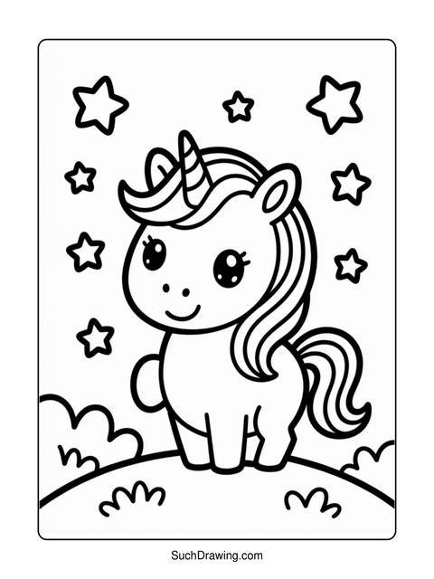 A cute unicorn coloring page with stars and clouds in black and white