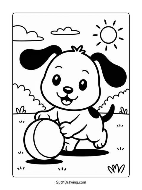 Black and white drawing of a happy puppy playing with a ball