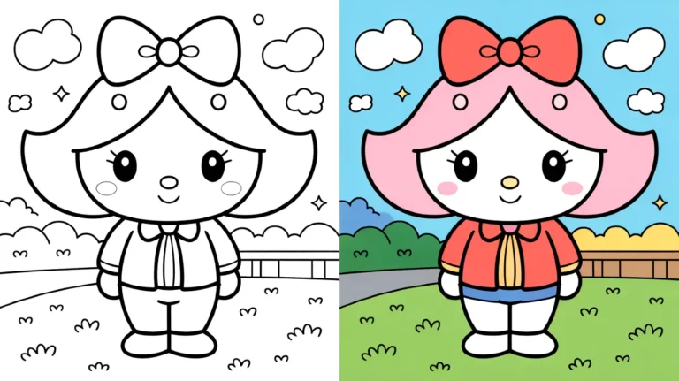 Sanrio coloring page featuring a cute character with a bow and jacket