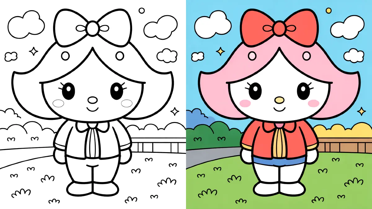 Sanrio coloring page featuring a cute character with a bow and jacket