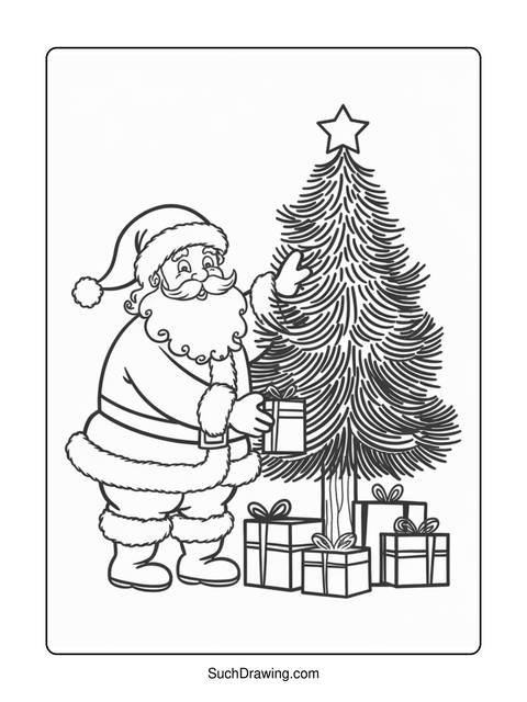 Line art of santa claus with a christmas tree and gifts