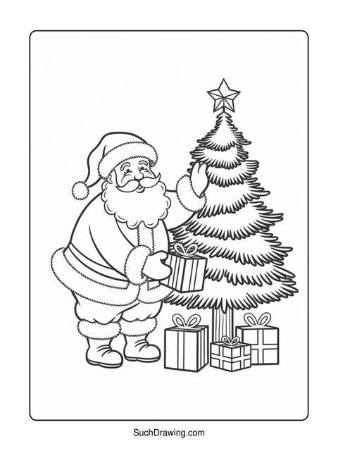 Santa claus next to a christmas tree with gifts, coloring page