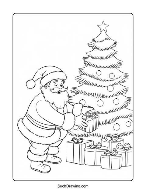 Santa claus holding a gift next to a decorated christmas tree