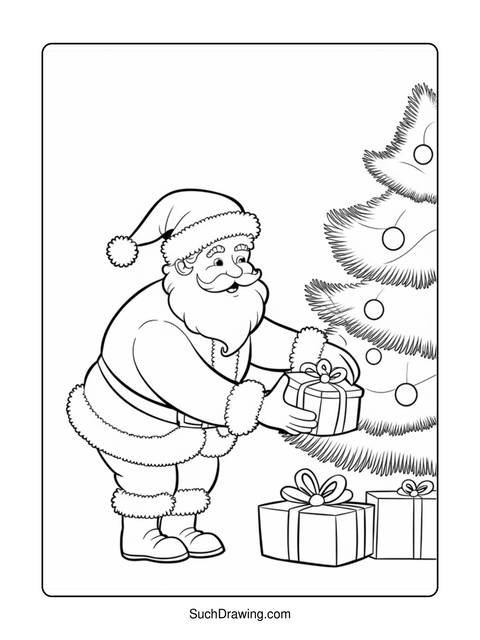 Santa claus placing a gift under a christmas tree, coloring page