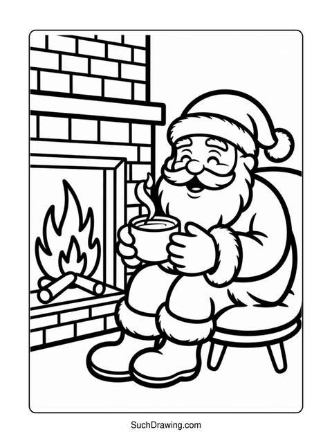 Santa claus sitting by a fireplace, holding a mug, coloring page