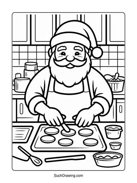 Santa claus in the kitchen baking cookies, black and white coloring page