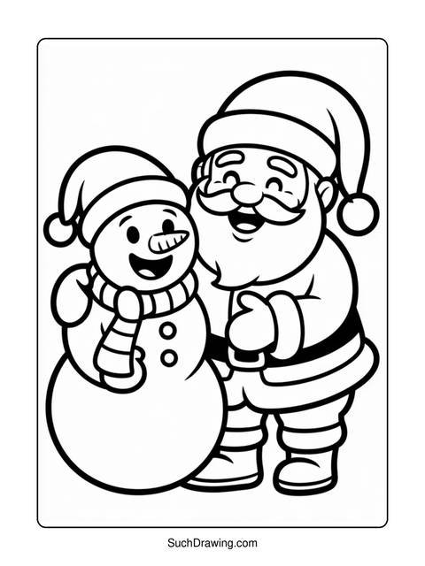 Black and white coloring page of santa claus and a snowman together
