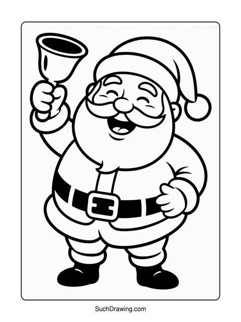 Black and white illustration of santa claus holding a bell and smiling