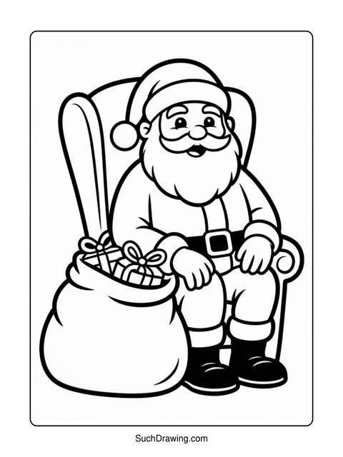 Black and white line drawing of santa claus sitting with a gift bag