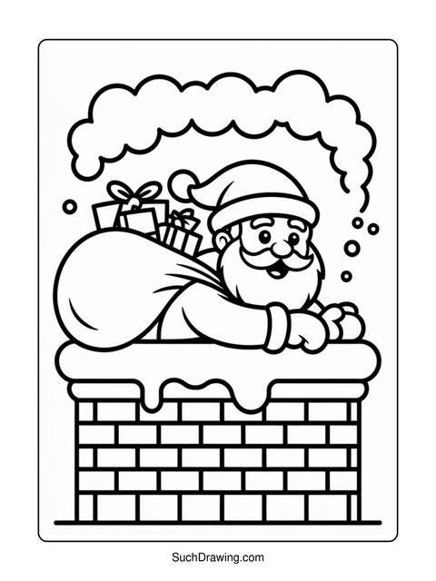 Santa claus stuck in a chimney with gifts and smoke above him