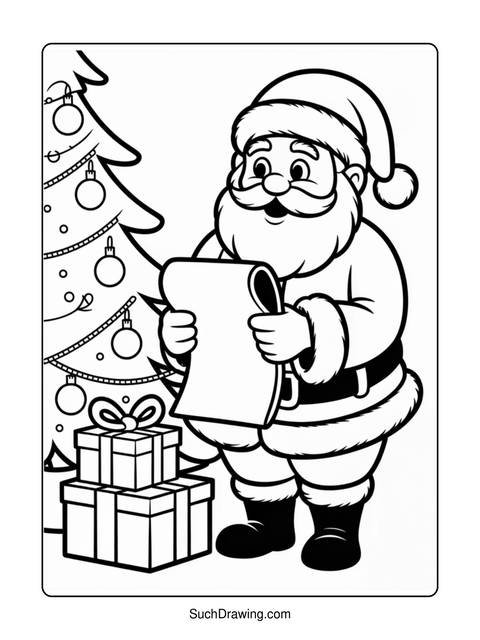 Santa claus holding a list next to a christmas tree and presents