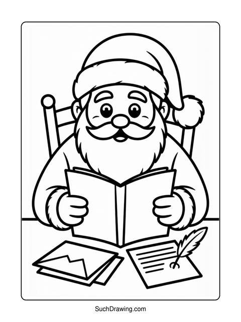 Santa claus reading a book, with letters and a feather on the table