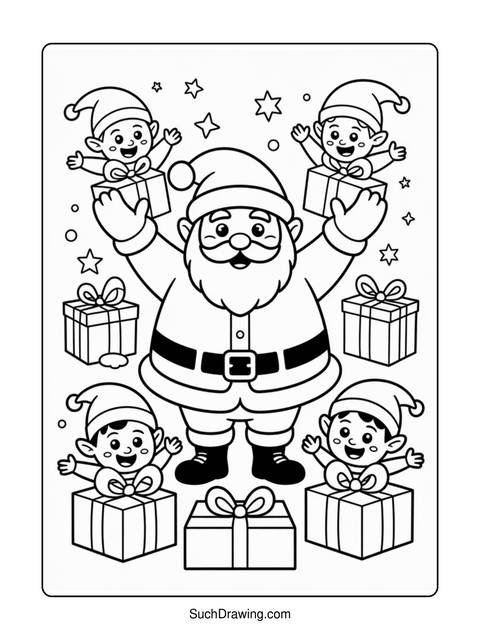 Black and white coloring page of santa claus with elves and presents