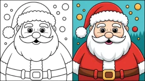 Santa claus coloring page, featuring a completed and an uncolored version
