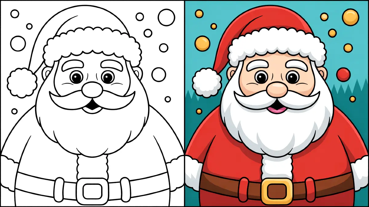 Santa claus coloring page, featuring a completed and an uncolored version