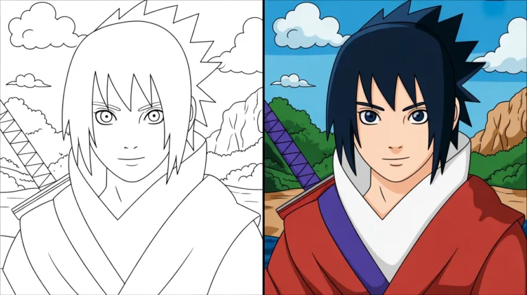 Sasuke uchiha coloring page: a two-panel image, one colored, one blank