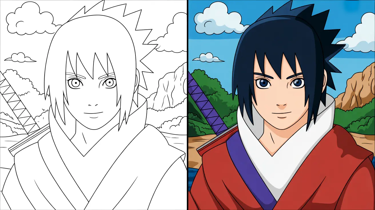 Sasuke uchiha coloring page: a two-panel image, one colored, one blank
