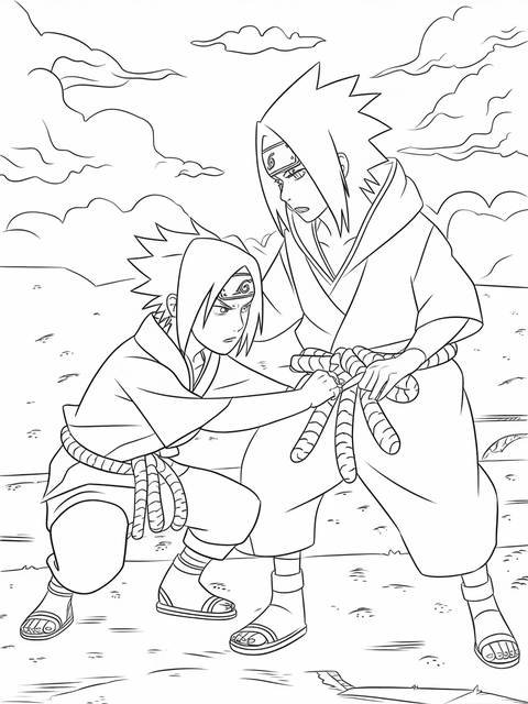 Line art of sasuke and itachi uchiha from the naruto series, interacting