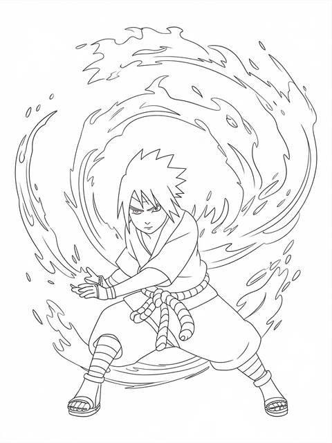 Sasuke uchiha casting a fire style jutsu, surrounded by flames in a coloring page