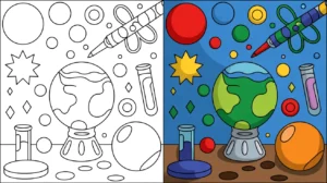 Science coloring page: a two-panel image with scientific elements, including a globe