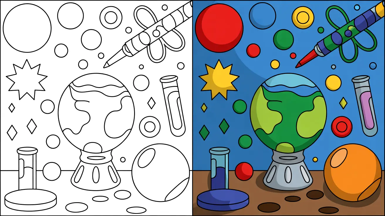 Science coloring page: a two-panel image with scientific elements, including a globe