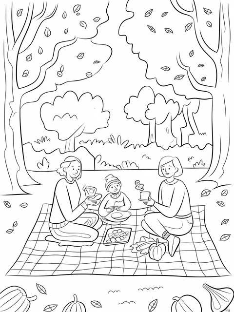 Black and white illustration of a family enjoying a picnic in september
