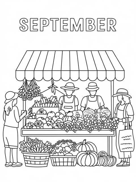 Black and white illustration of a september farmer's market stall filled with produce