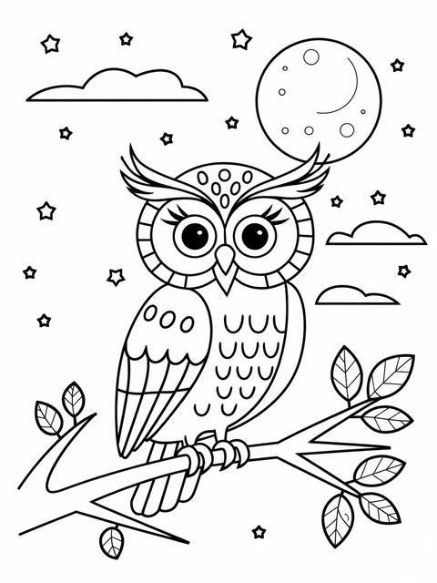 September cover: a friendly owl perched on a branch, under a moon and stars