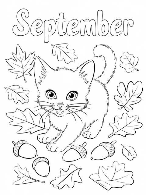September cover art: playful kitten surrounded by leaves and acorns, ready for coloring