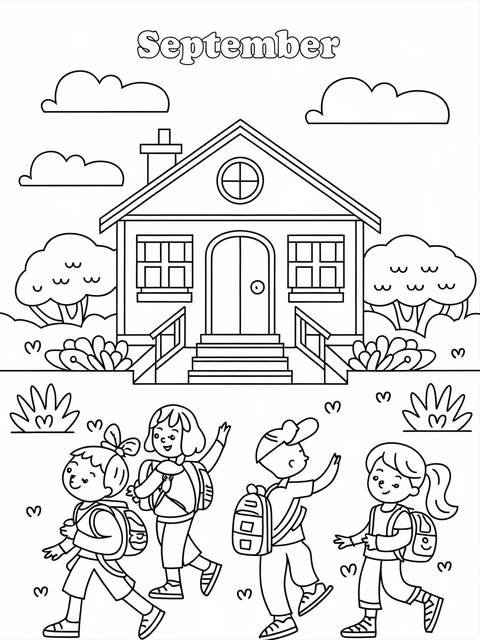 Black and white coloring page of children and a schoolhouse, labeled 'september'