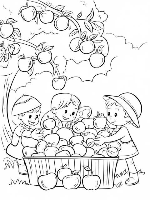 Children gathering apples from a laden apple tree, a scene from september