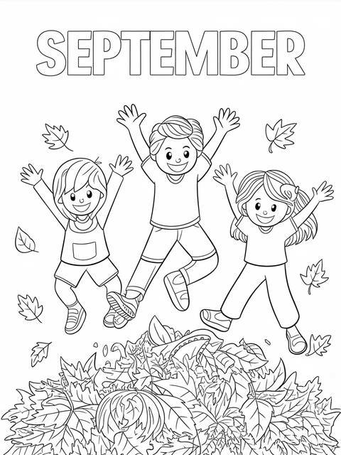 September children jumping into a pile of leaves, a coloring page