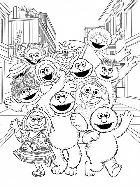 Sesame street characters in a lively street scene, ready for coloring