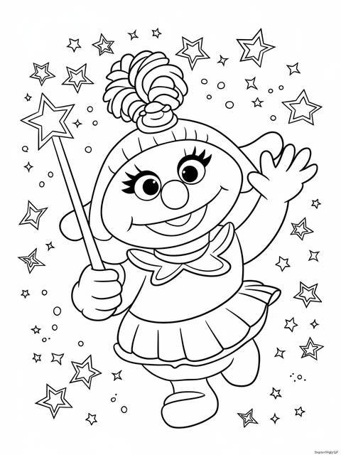 Abby cadabby from sesame street waving, holding a star wand, surrounded by stars