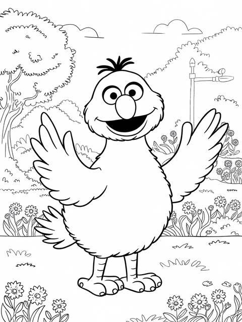 Big bird from sesame street standing in a field, ready for coloring