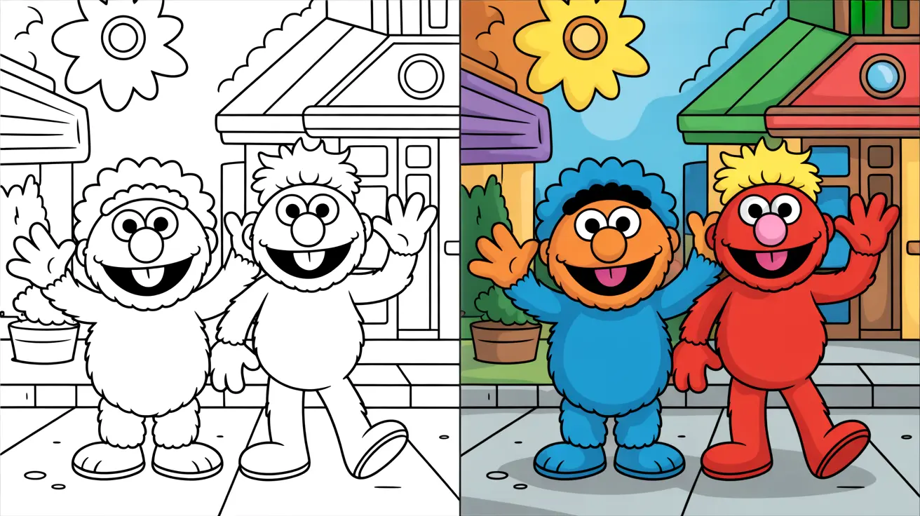Sesame street coloring page: two friendly characters waving, one colored, one outline
