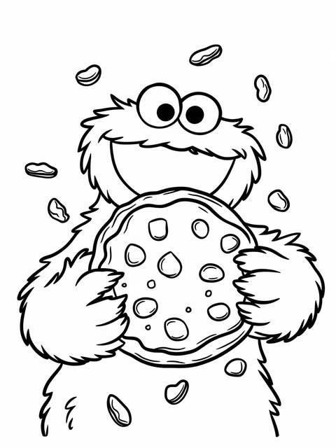Cookie monster happily holding a large cookie, a sesame street character coloring page